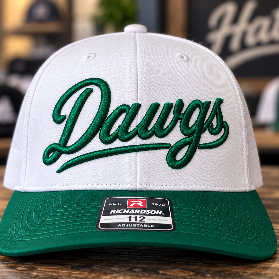 Puff Dawgs script on a white and green Richardson 112 trucker hat