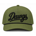 Dawgs script on a military green laser cut rope hat