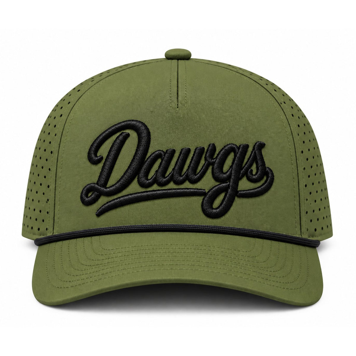 Dawgs script on a military green laser cut rope hat