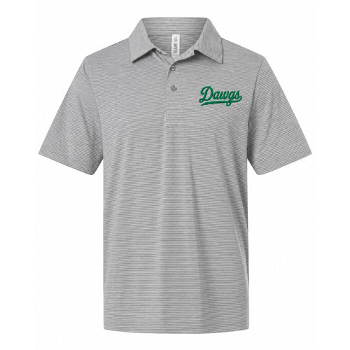 Dawgs script on the left chest of a light gray striped polo