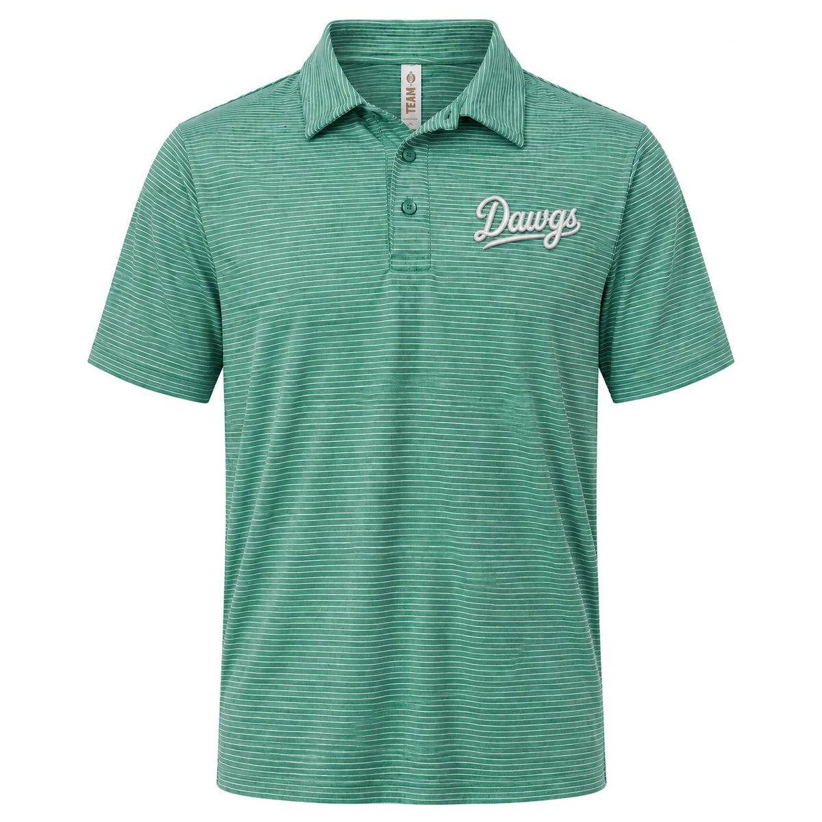 Dawgs script on the left chest of a kelly green striped polo