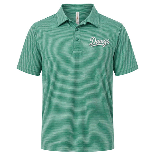 Dawgs script on the left chest of a kelly green striped polo