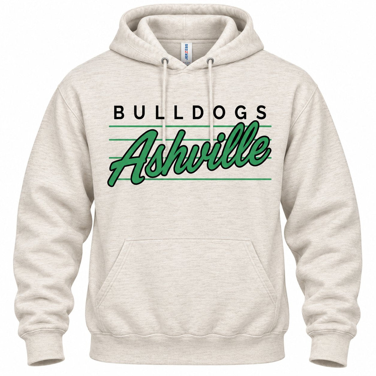 Retro Bulldogs Ashville script on an oatmeal heather hoodie