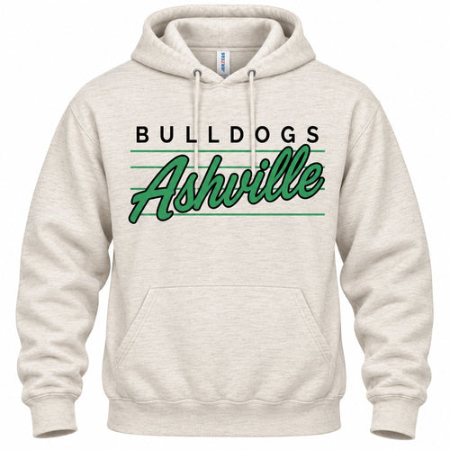 Retro Bulldogs Ashville script on an oatmeal heather hoodie