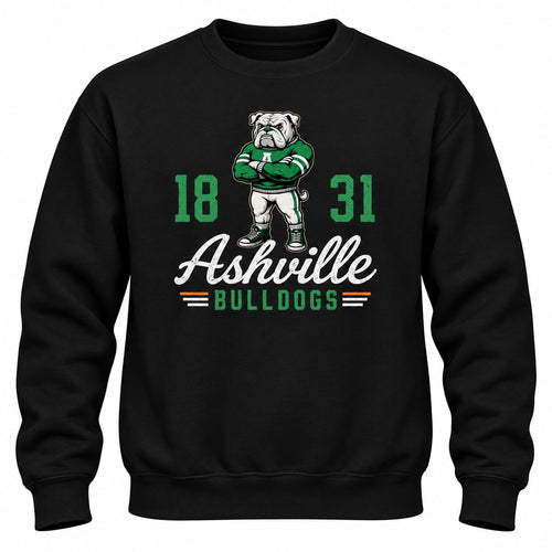 Vintage Bully Ashville Bulldogs design on a black crewneck sweatshirt