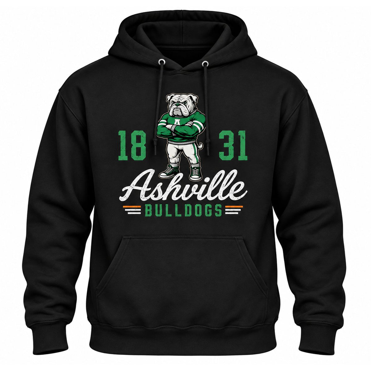Vintage Bully Ashville Bulldogs design on a black hoodie