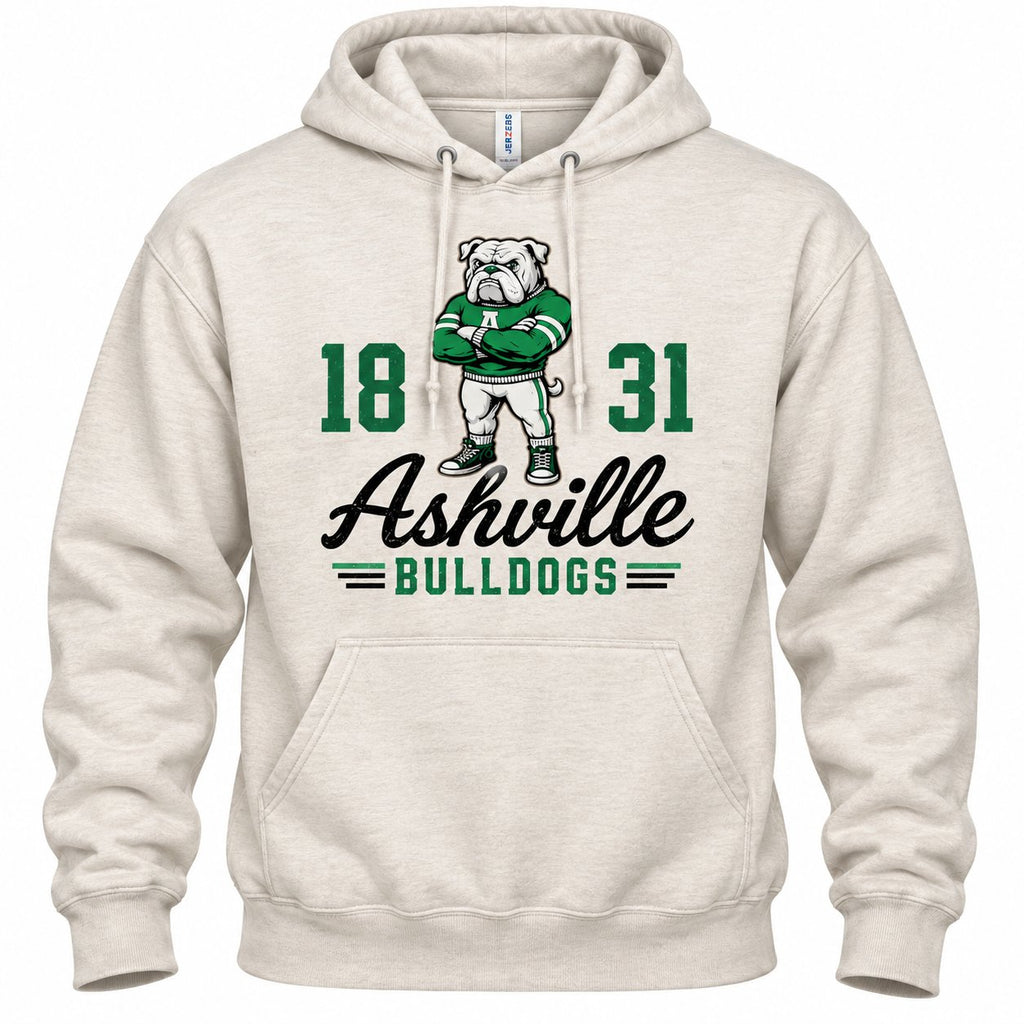 Vintage Bully Ashville Bulldogs design on an oatmeal heather hoodie