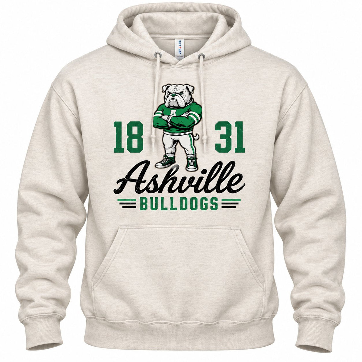 Vintage Bully Ashville Bulldogs design on an oatmeal heather hoodie