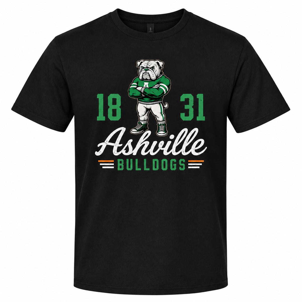 Vintage Bully Ashville Bulldogs design on a black District tee
