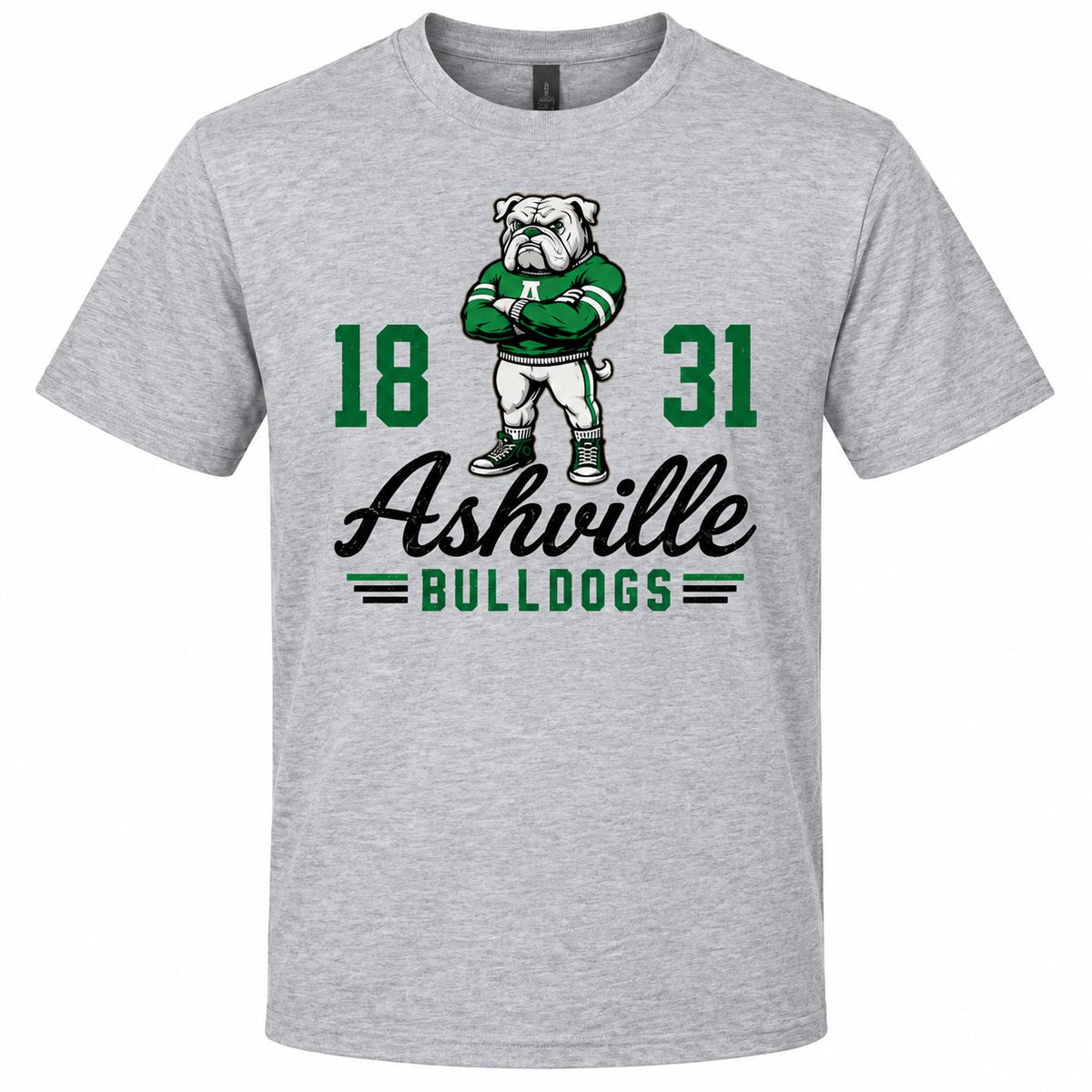 Vintage Bully Ashville Bulldogs design on an ash gray District tee